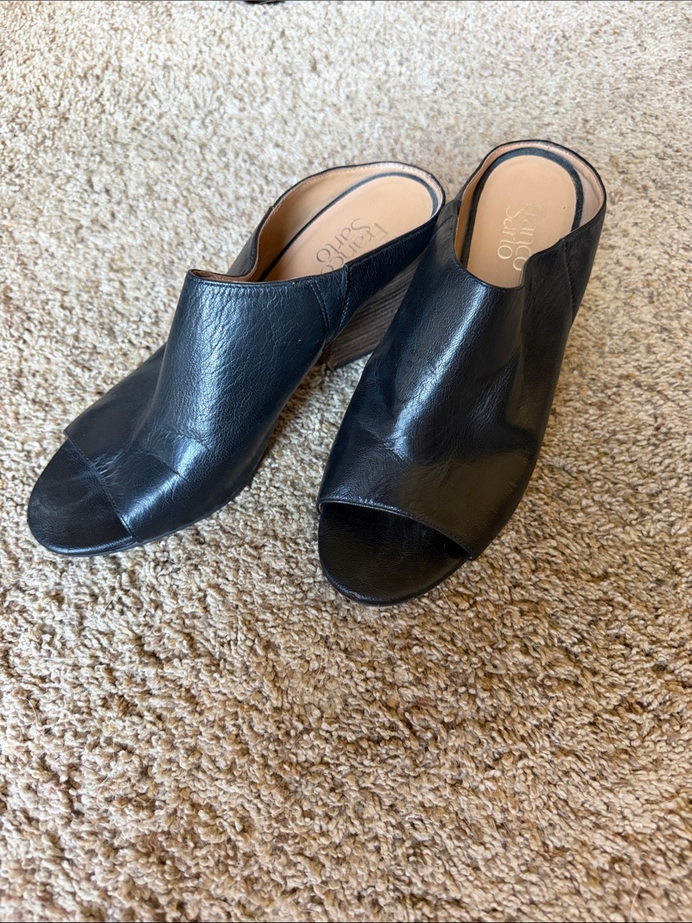 Franco Sarto Black Leather Open-Peep Toe Slide Mules